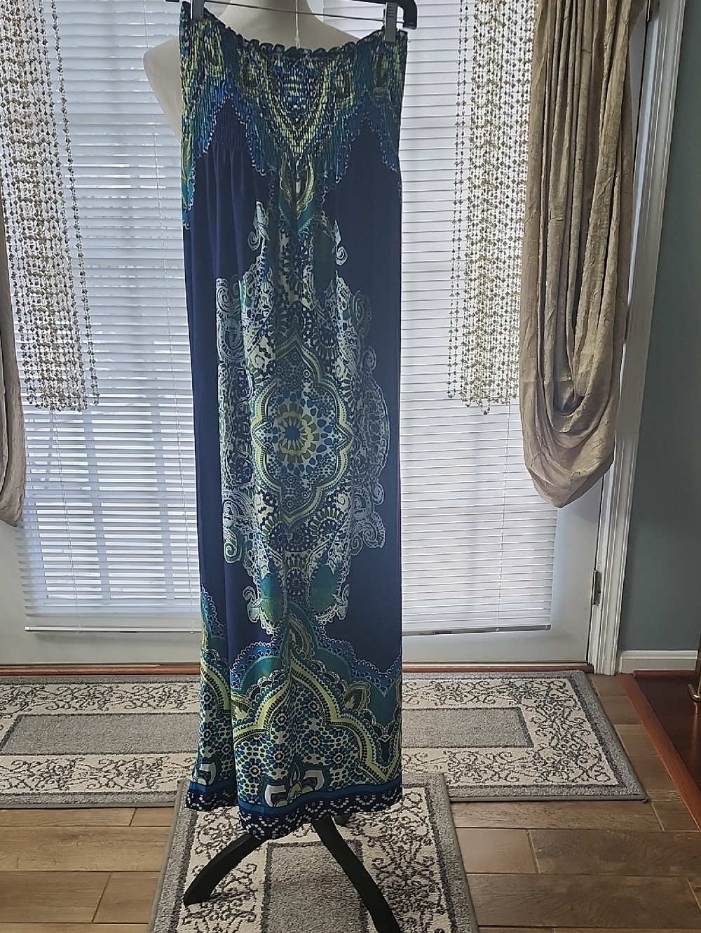 bailey blue Navy, Lime & Teal Smocked Strapless Dress